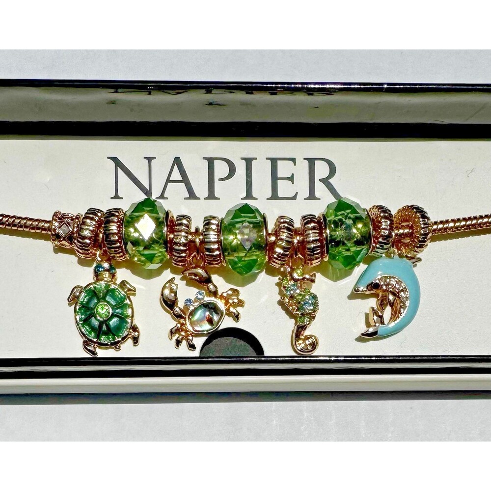 Napier Sea Life Charm Bracelet Turtle Crab Seahorse Dolphin Beads 7.5” Gold Tone